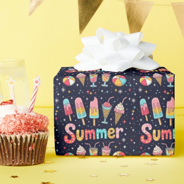 Fun Summer Graphics On Black Wrapping Paper (Birthday Party)