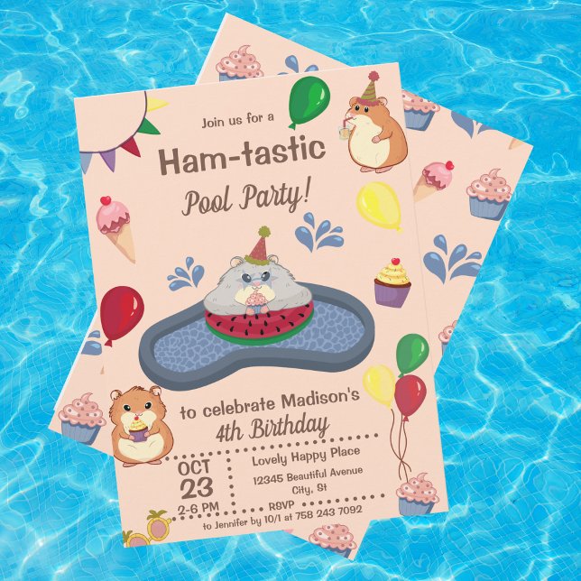 Fun Summer Hamster Birthday Pool Party Invitation (Creator Uploaded)
