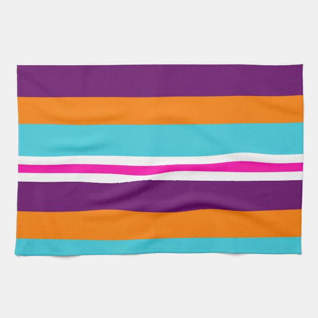 Fun Summer Pink Teal Orange Purple Striped Pattern Kitchen Towel (Horizontal)