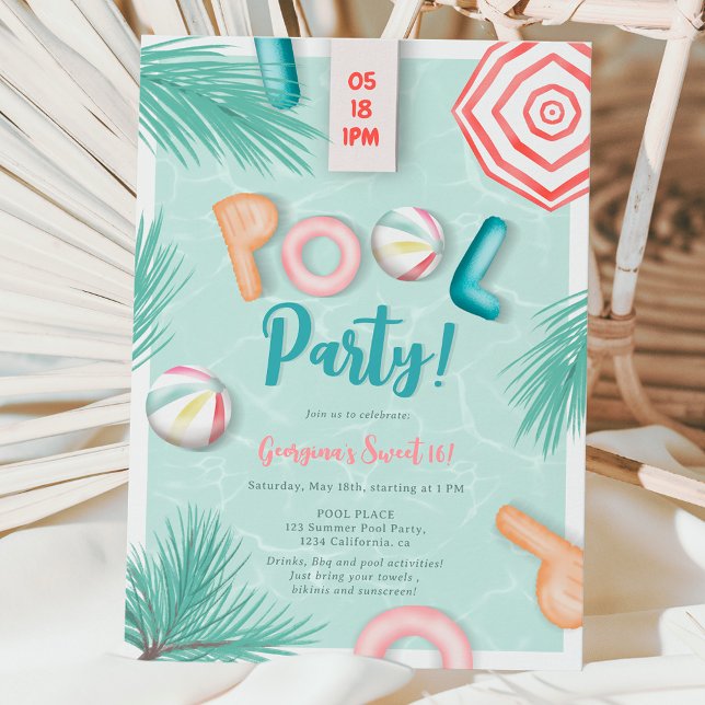 Fun summer pool party script watercolor Sweet 16  Invitation (Fun summer pool party script watercolor Sweet 16 Invitation)