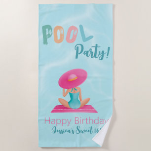 Fun Summer Pool Party Watercolor Sweet 16 Beach Towel
