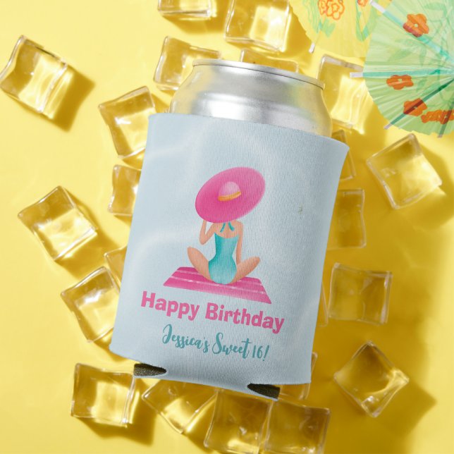 Fun Summer Pool Party Watercolor Sweet 16 Can Cooler (In Situ Summer)