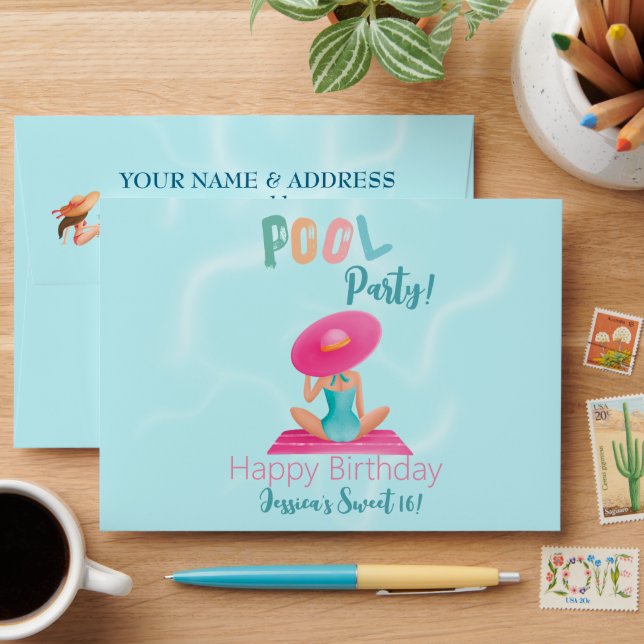 Fun Summer Pool Party Watercolor Sweet 16 Envelope (Desk)