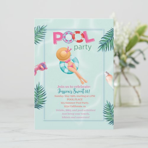 Fun Summer Pool Party Watercolor Sweet 16 Invitation