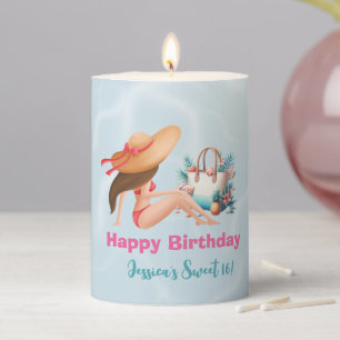 Fun Summer Pool Party Watercolor Sweet 16 Pillar Candle
