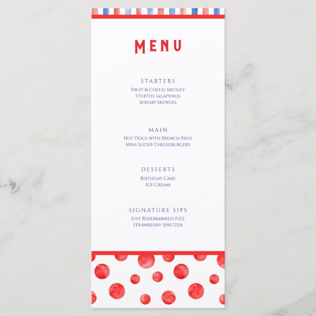 Fun Summer Red Blue Event Menu Flat Card (Front)
