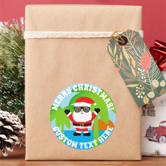 Fun summer Santa Claus cartoon tropical Christmas Classic Round Sticker (Holiday)
