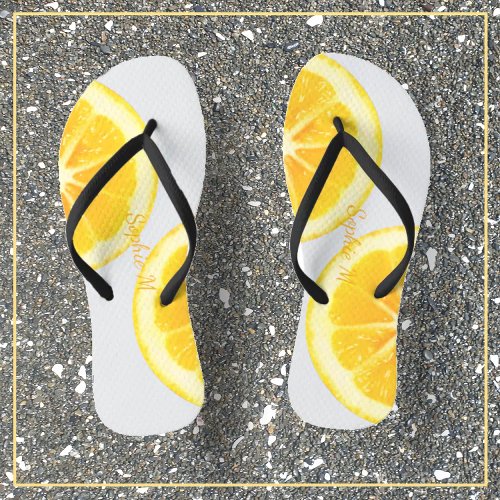 FUN SUMMER SUNNY YELLOW TROPICAL LEMON FRUIT SLICE FLIP FLOPS