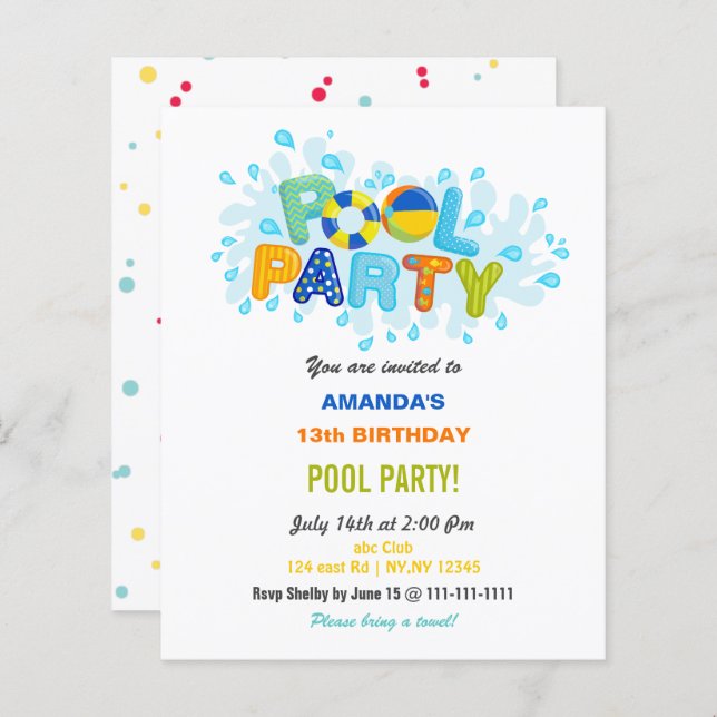 Fun Summer Swimming Pool Party Birthday  (Front/Back)