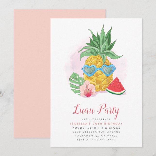 Fun Summer Tropical Pineapple Luau Party Birthday Invitation (Front/Back)