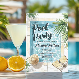 Fun Summer Tropical Watercolor Pool Party Sweet 16 Invitation