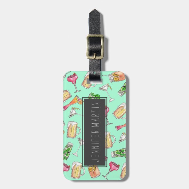 Fun Summer Watercolor Painted Mixed Drinks Pattern Luggage Tag (Front Vertical)