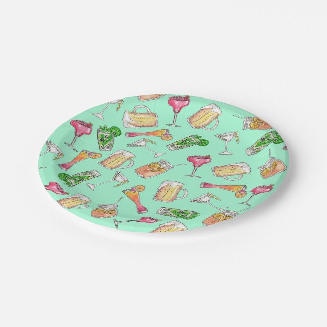 Fun Summer Watercolor Painted Mixed Drinks Pattern Paper Plates (Angled)