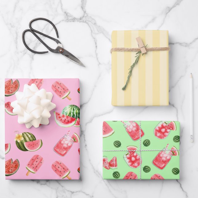 Fun Summer Watermelon Drinks and Popsicles  Wrapping Paper Sheets (Front)