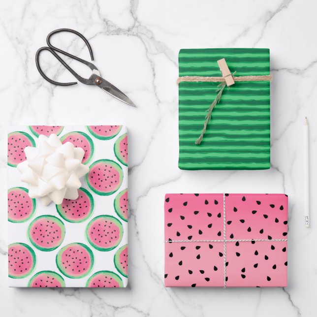 Fun Summer Watermelon Pink Green Fruit Wrapping Paper Sheets (Front)