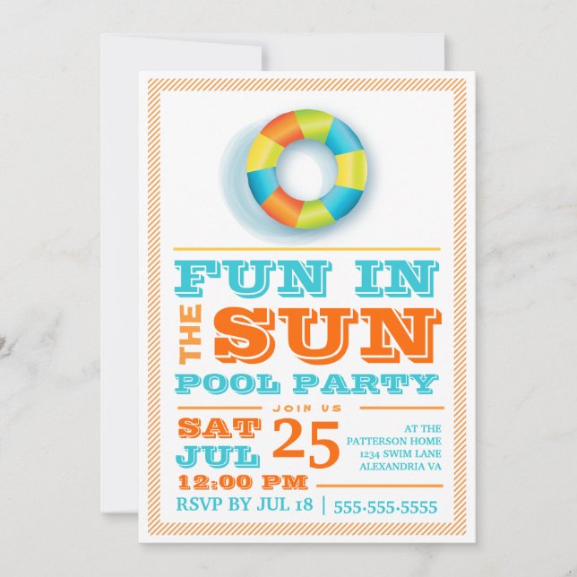 Fun Sun Pool Party Colorful Retro Invitation (Front)