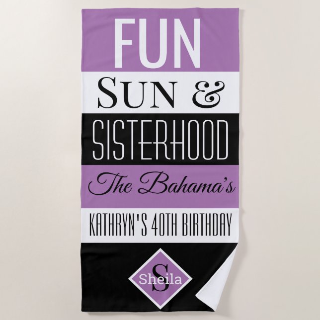 Fun, Sun & Sisterhood Personalized Purple Towel (Front)
