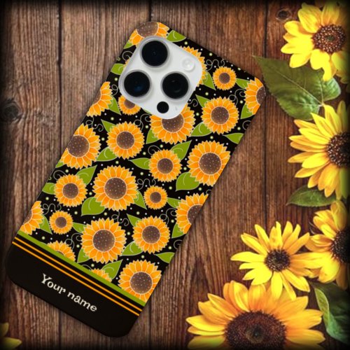 Fun Sunflower Yellow Black Pattern Custom Name iPhone 15 Pro Max Case