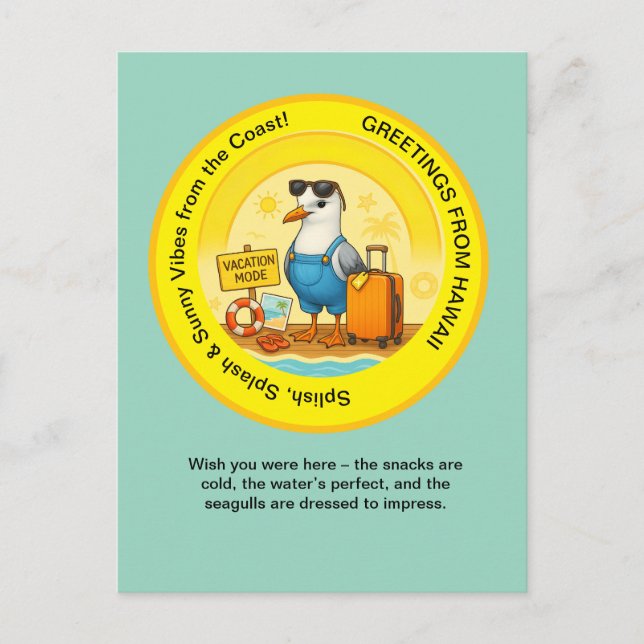 fun sunny destination seagull beach greeting  postcard (Front)