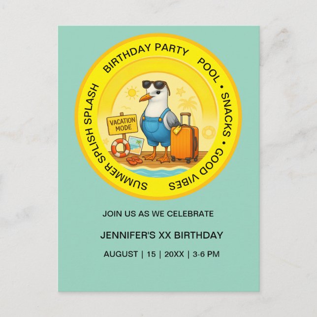 fun sunny destination seagull beach invitation  postcard (Front)