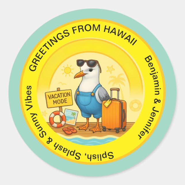 fun sunny destination seagull beach traveller classic round sticker (Front)