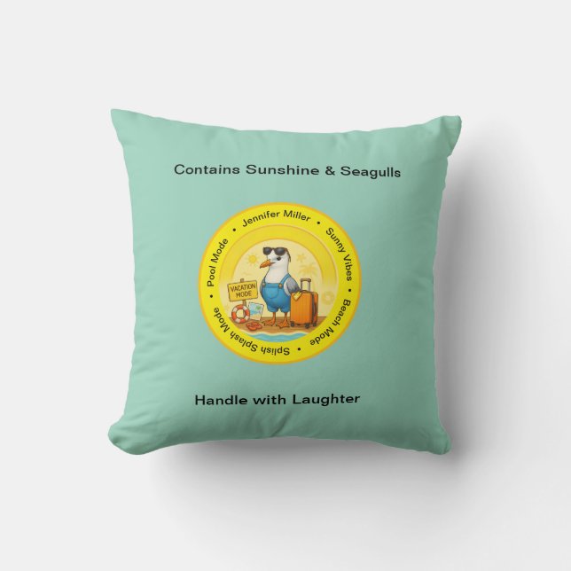 fun sunny destination seagull beach traveller name throw pillow (Front)