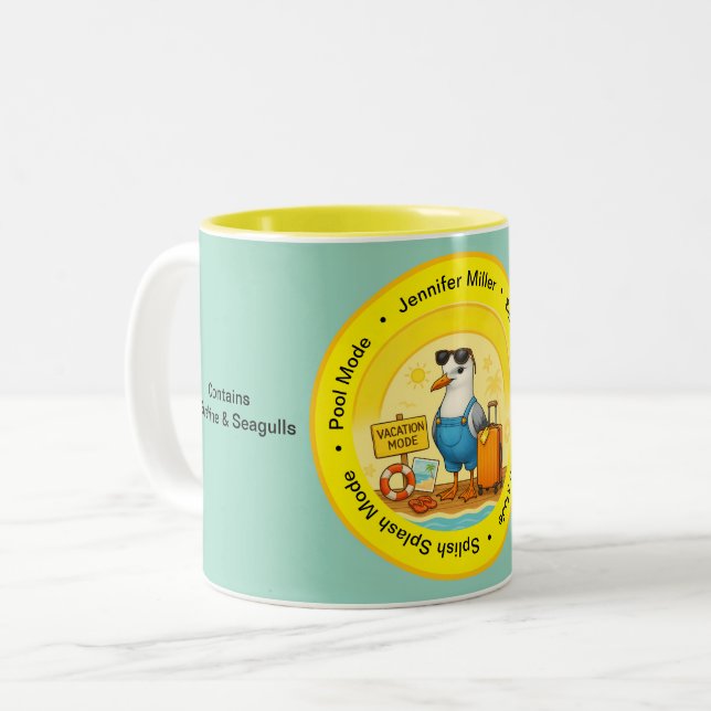 fun sunny destination seagull beach traveller name Two-Tone coffee mug (Front Left)