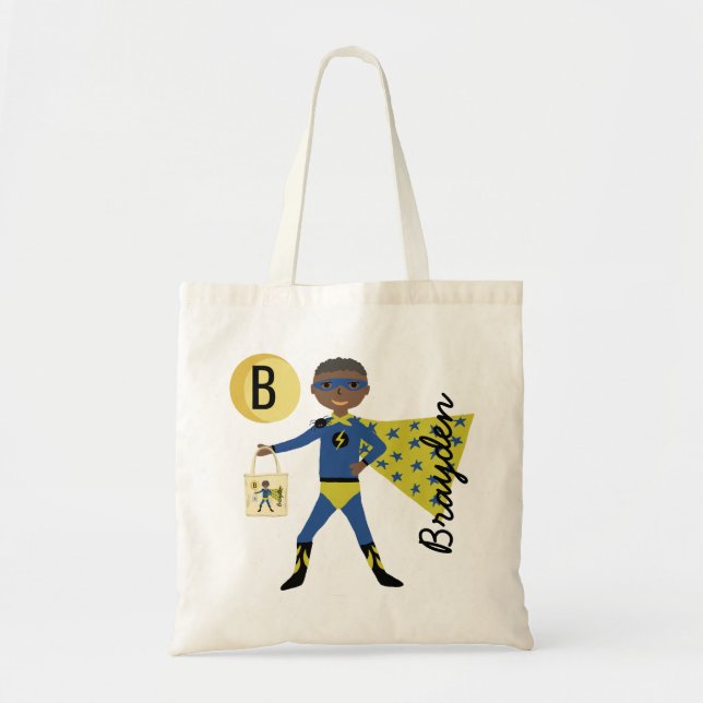 Fun Superhero Halloween Treats Monogram Name Tote Bag (Front)