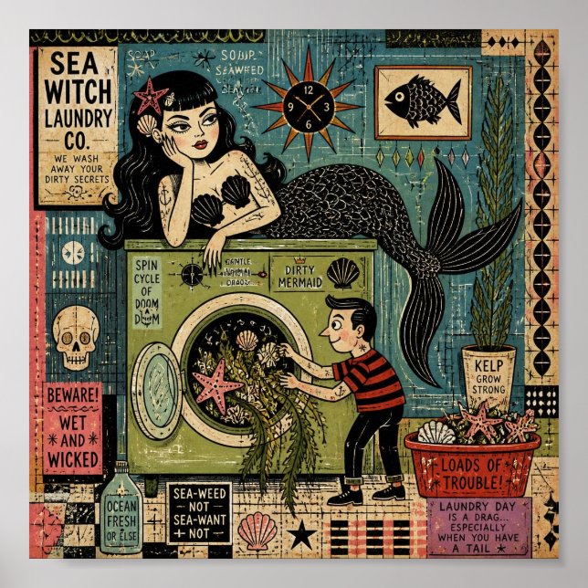 Fun Surreal Mid Century Sea Siren Laundry Day Poster (Front)