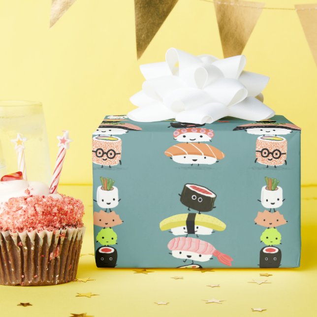 Fun Sushi Characters Pattern | Kawaii Funny Food Wrapping Paper (Birthday Party)