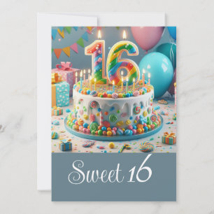 FUN SWEET 16 BIRTHDAY CAKE, CELEBRATION INVITATION