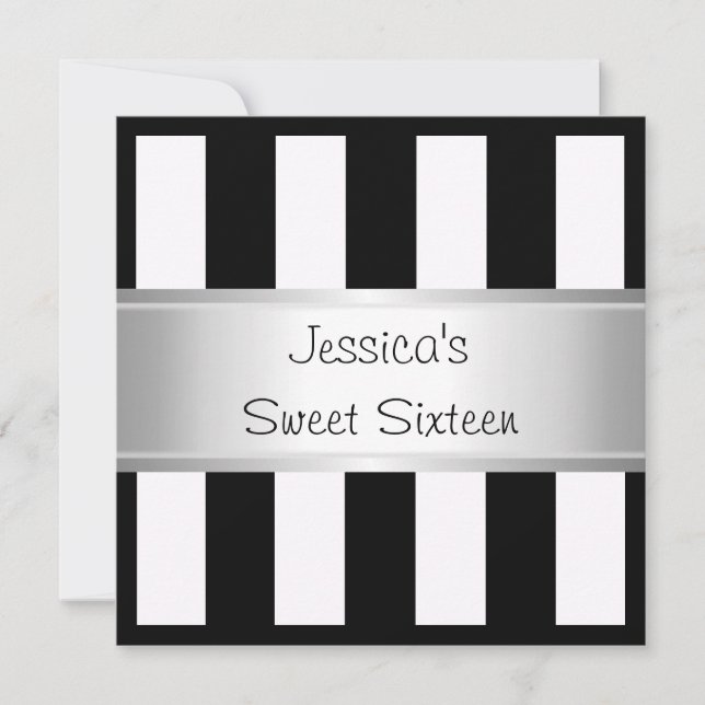 Fun Sweet 16 Black & White Stripes Silver Party Invitation (Front)