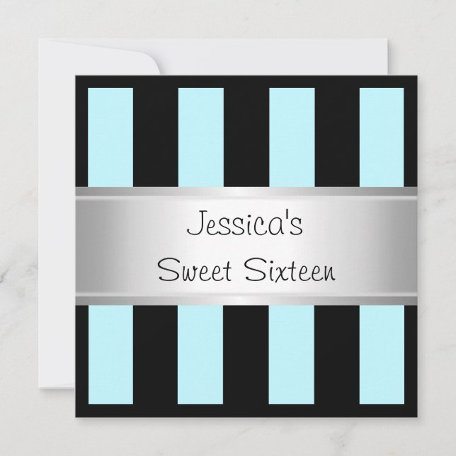 Fun Sweet 16 Light Blue Black Stripes Silver Party Invitation (Front)