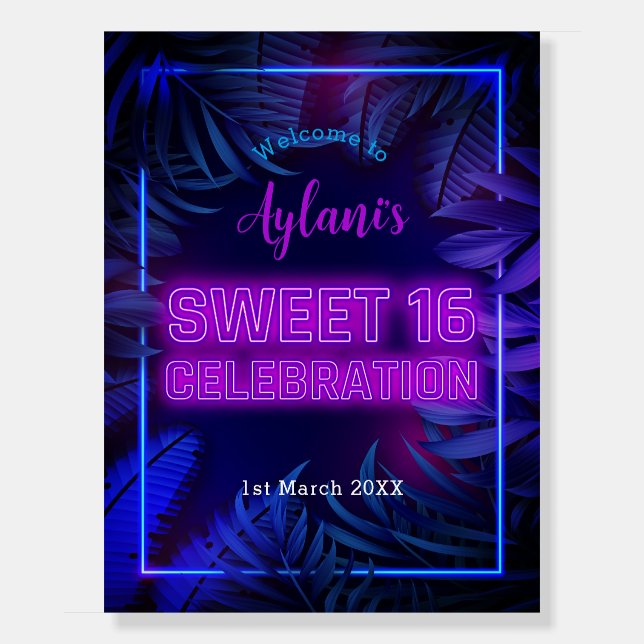 Fun Sweet 16 Neon Glow Birthday Party Welcome Foam Board (Front)