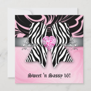 Fun Sweet 16 Party Invite Zebra Bow Pink Silver