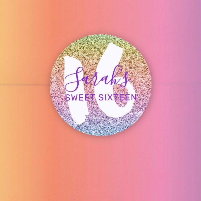 Fun Sweet 16 Rainbow Glitter Sparkling Birthday Classic Round Sticker (Creator Uploaded)