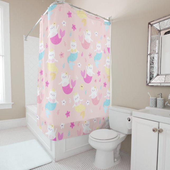 Fun Sweet Pink mermaid cats Shower Curtain (In Situ)