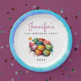 Fun Sweet Sixteen Colorful Blue Macaron Watercolor
