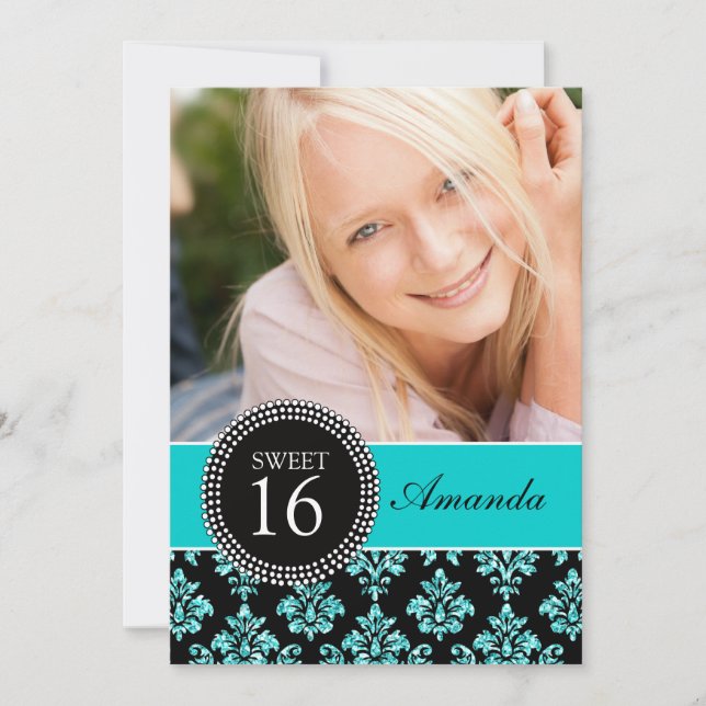 FUN SWEET SIXTEEN, TEAL GLITTER,  DAMASK INVITATION (Front)