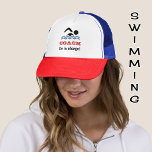 Fun swimming coach custom name trucker hat<br><div class="desc">This eye-catching hat would make a great 'thank you' gift for a swimming coach. The design features the pictogram of a swimmer, in blue and black, and is ready to personalize with a name or other text. The example shown includes the caption "I'm in charge!", but you can edit this...</div>