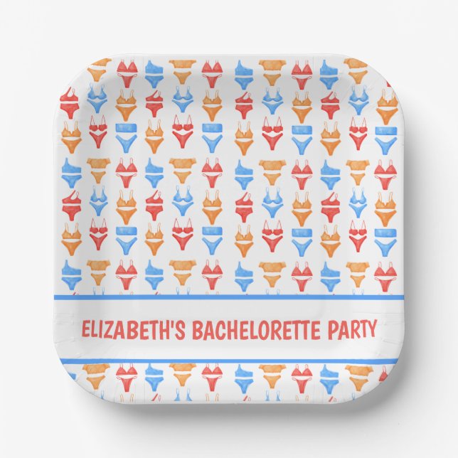 Fun Swimsuit Pool Party Personalized Bachelorette Paper Plates (Front)