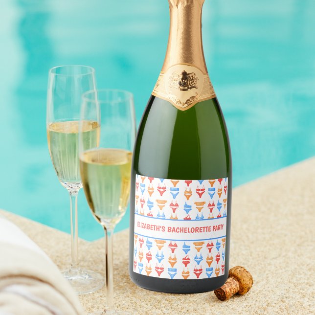 Fun Swimsuit Pool Party Personalized Bachelorette Sparkling Wine Label (Creator Uploaded)