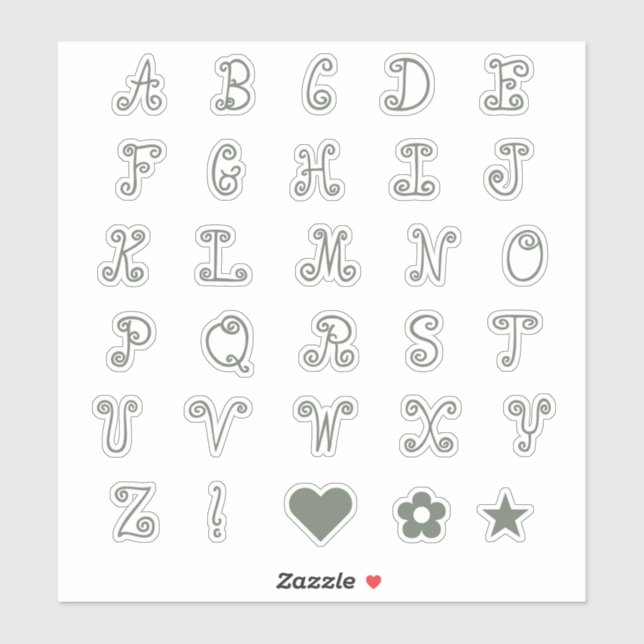 Fun Swirly Sage Alphabet Initial Monogram Letters Sticker (Sheet)