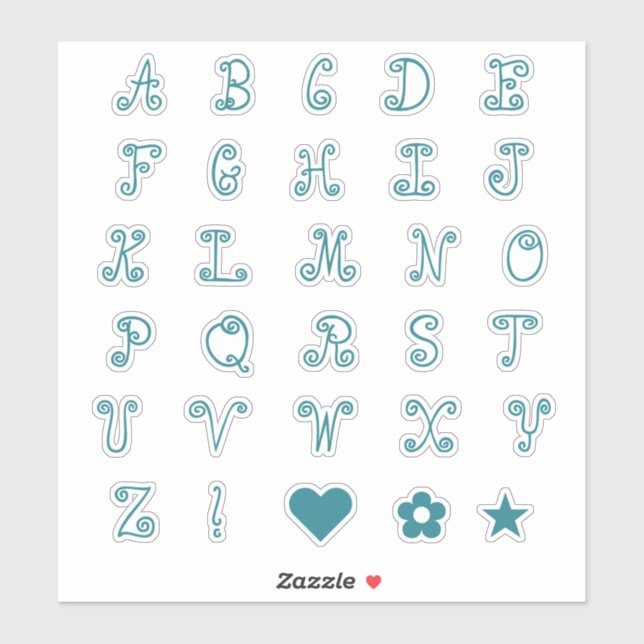 Fun Swirly Teal Font Alphabet Initials Monogram Sticker (Sheet)