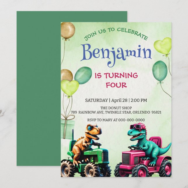 Fun t rex dinosaur tractor truck balloon Birthday (Front/Back)