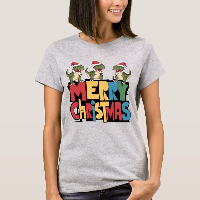 Fun T-rex Dinosaurs and Bold Merry Christmas Text T-Shirt (Front)