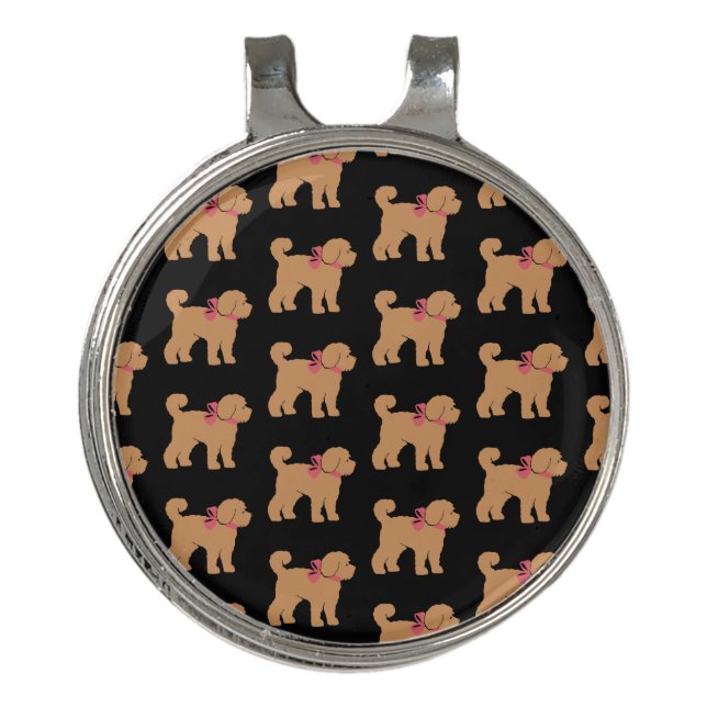 Fun Tan Doodle Dog on Black Golf Hat Clip (Front)