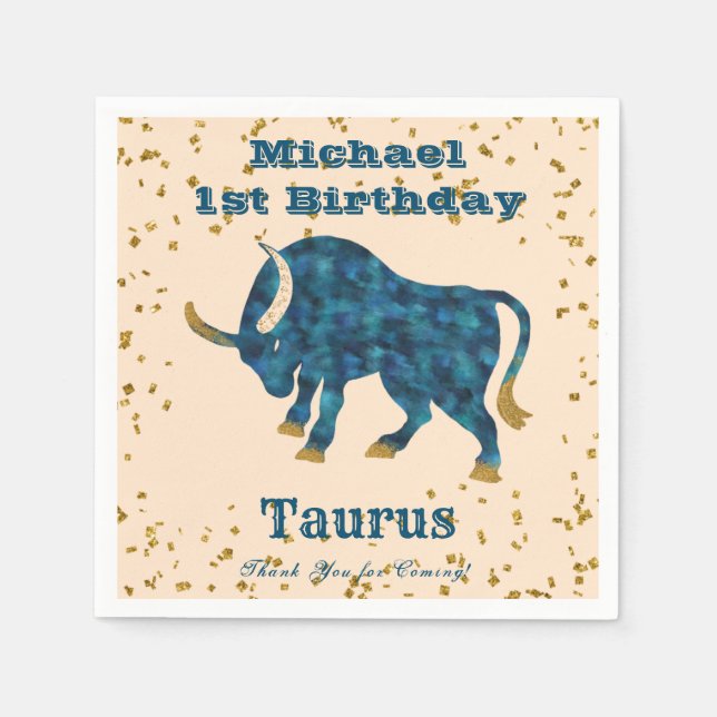 Fun Taurus First Birthday & Gold Confetti  Napkins (Front)