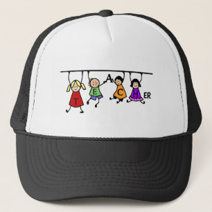 Fun Teacher with cute cartoon Kids Hanging on Trucker Hat