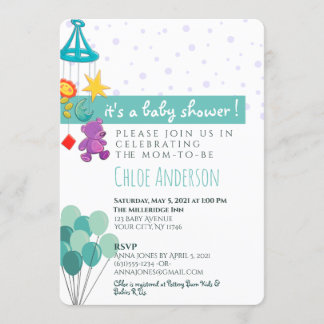 Fun Teal and Purple Mobile Baby Shower Invitation